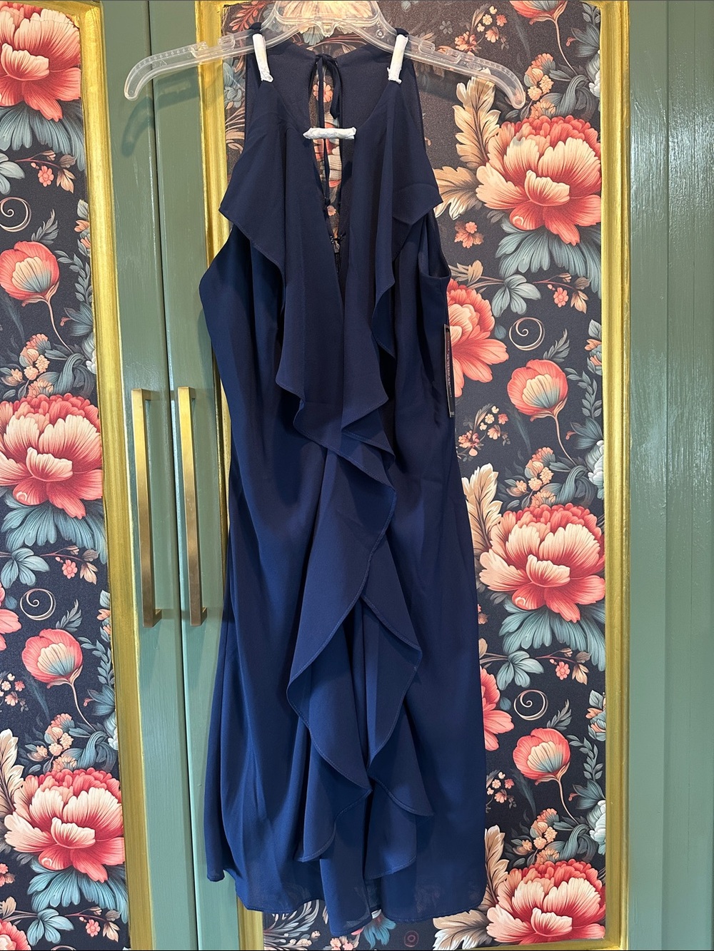 VENUS Navy Ruffle Halter Midi Dress